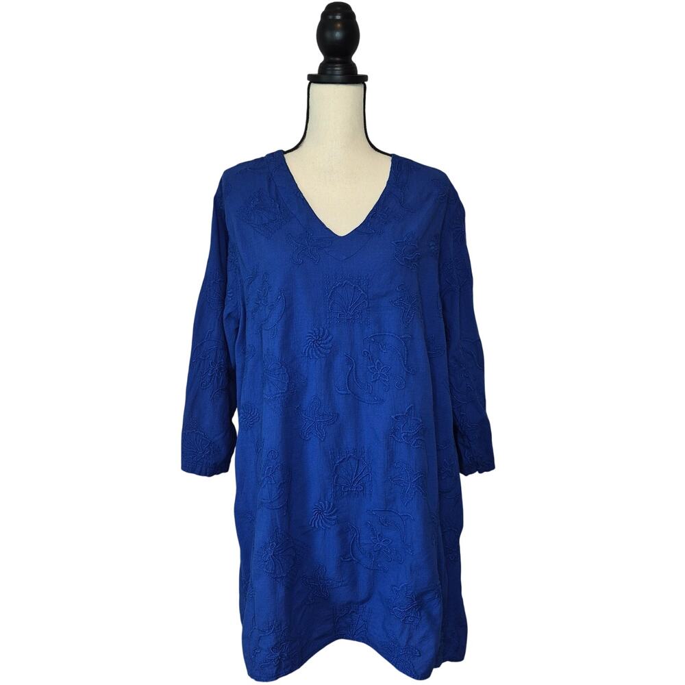Cottonseed Casual Wear Vintage Blue Gauze Coastal Embroidered Tunic Dress Size L